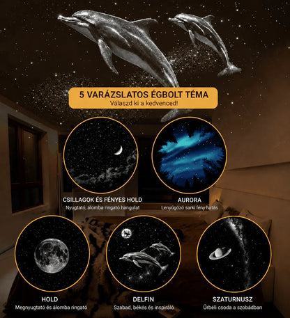Galaxis projektor 5 varázslatos égbolt témával: csillagok, aurora, hold, delfin, Szaturnusz